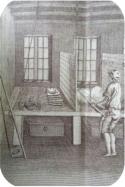 Fur being prepared for felting with a hatter's bow-carder in 1771