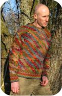 Wool jumper, naturally dyed colours, hand spun and knitted. Design by Kaffe Fassett 